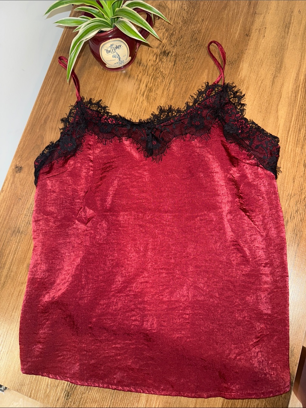 iris Red Satin Cami with Black Lace Trim